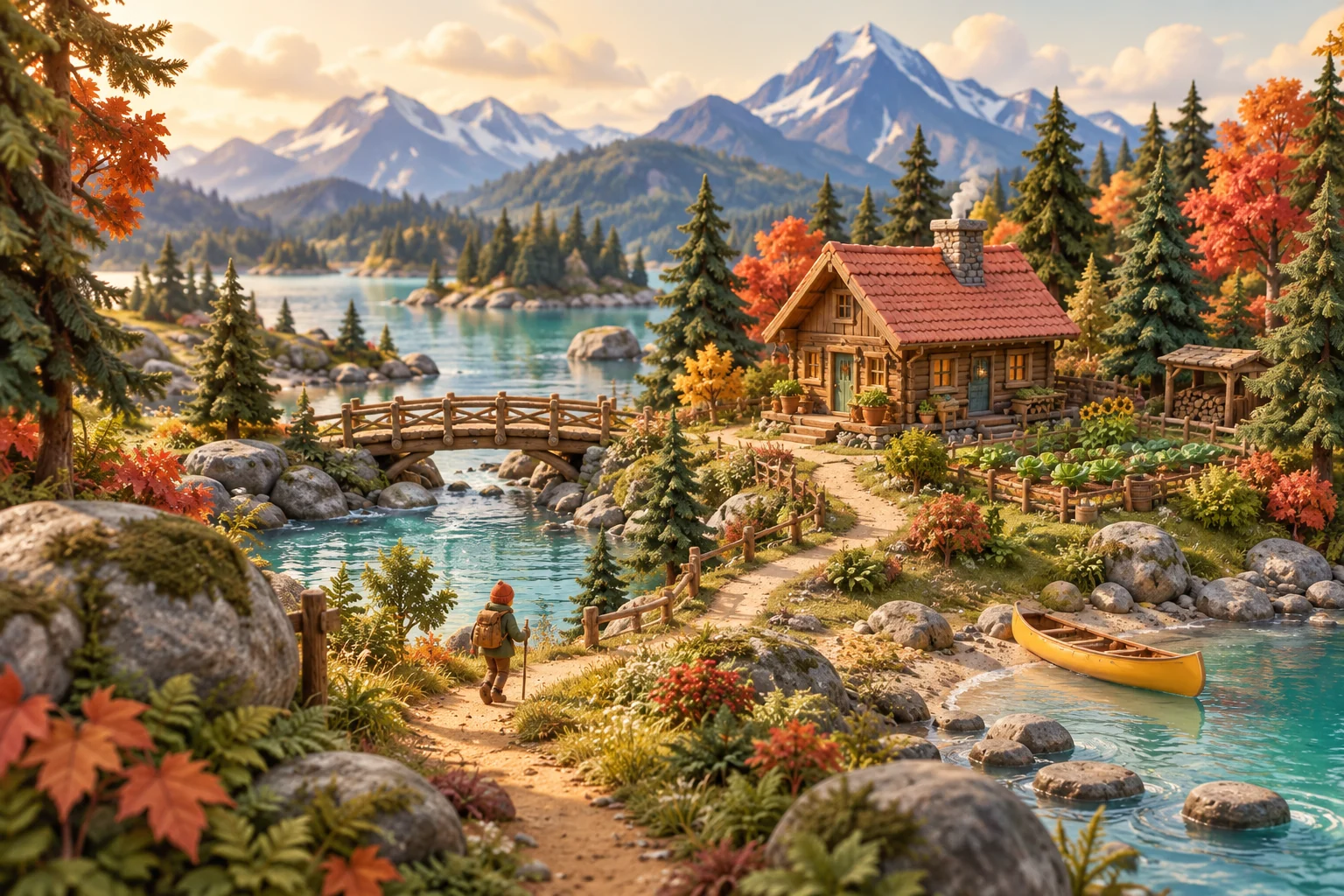 Original miniature landscape with a cosy cabin, mountain trail, golden canoe and turquoise river